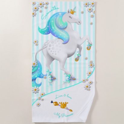 Princess Unicorn Teal and Turquoise Striped Beach Towel