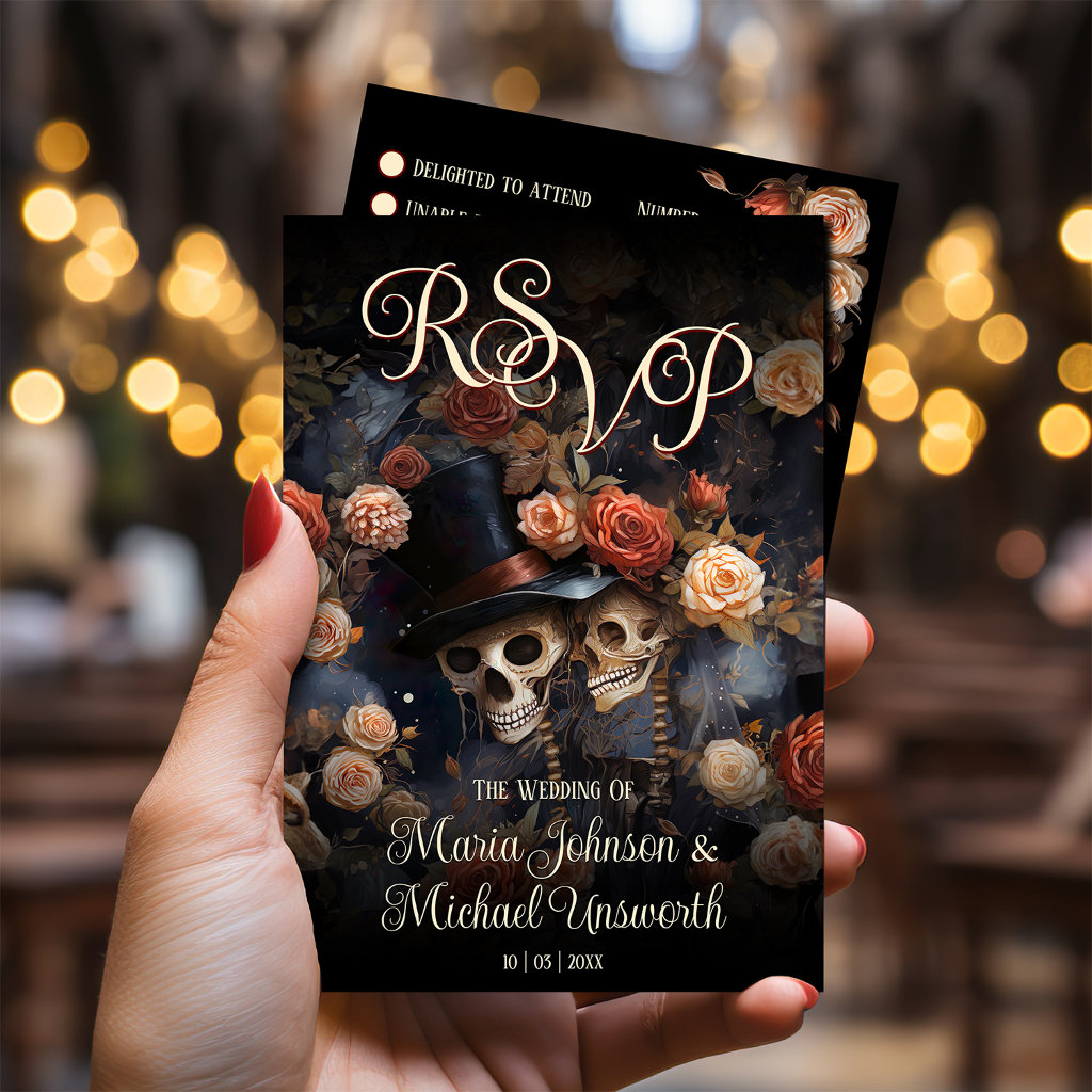 Personalised Blush Pink Skeletons Vintage Gothic Wedding RSVP Card