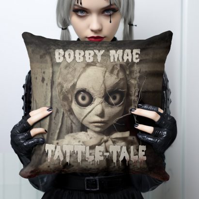 Your Name on a Creepy Haunted Doll Horror Movie Throw Pillow