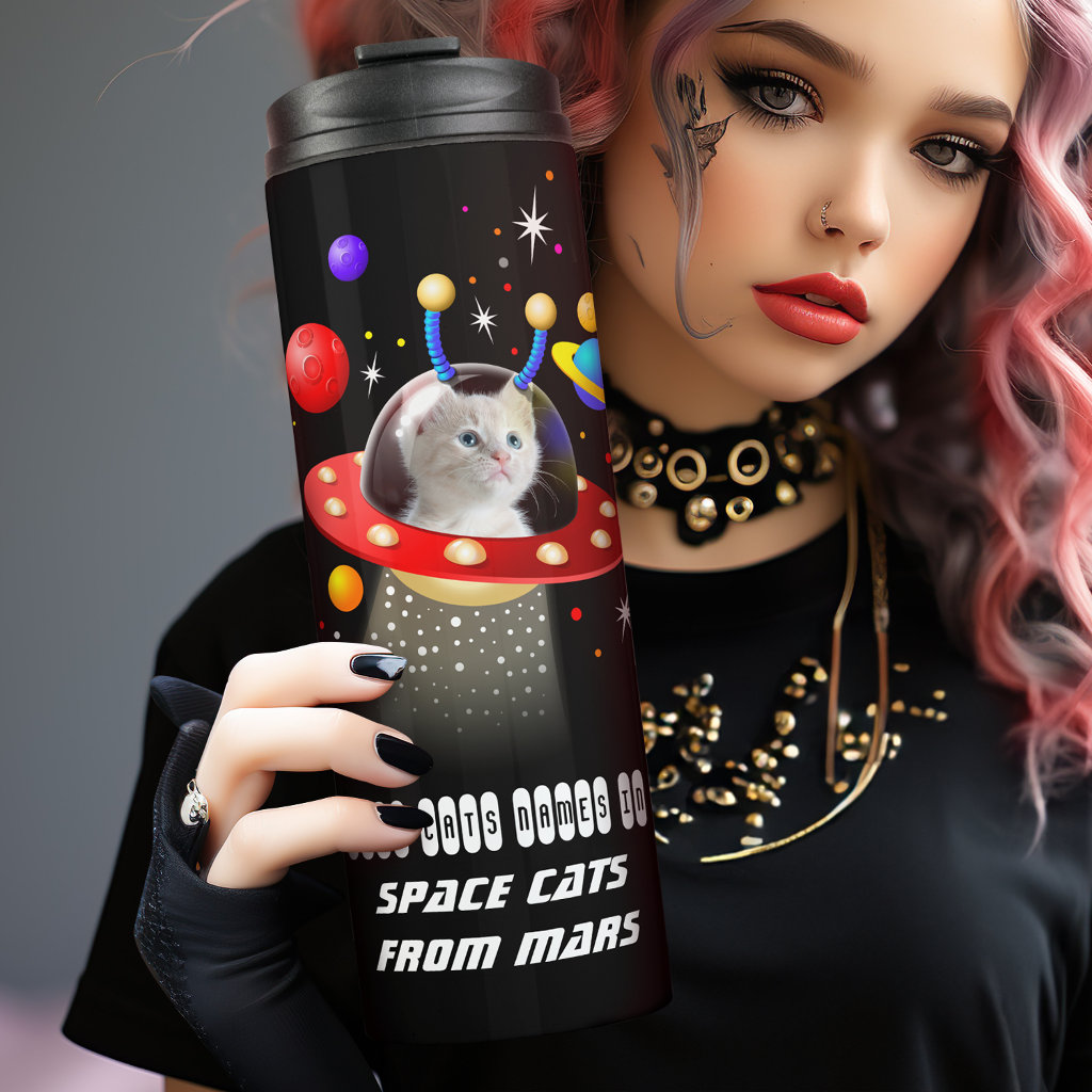 Personalised Your Cat Photo in UFO Cat in Space Thermal Tumbler