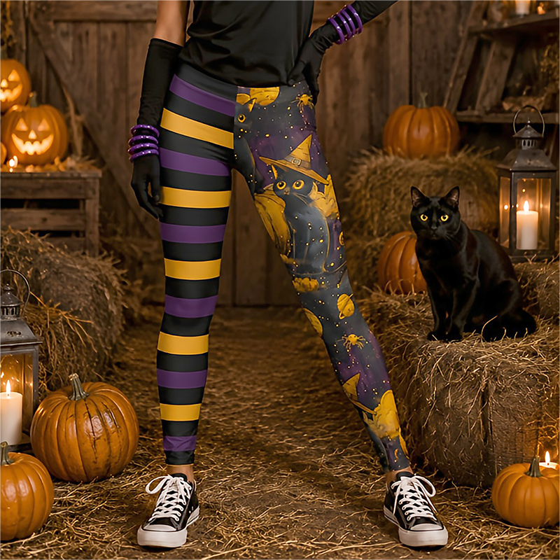 Fun Halloween Witch Cat Purple Striped Pumpkin Leggings